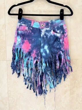 Tie Dye Fringe Denim Shorts Festival Rave Burning Man Distressed Statement EUC S